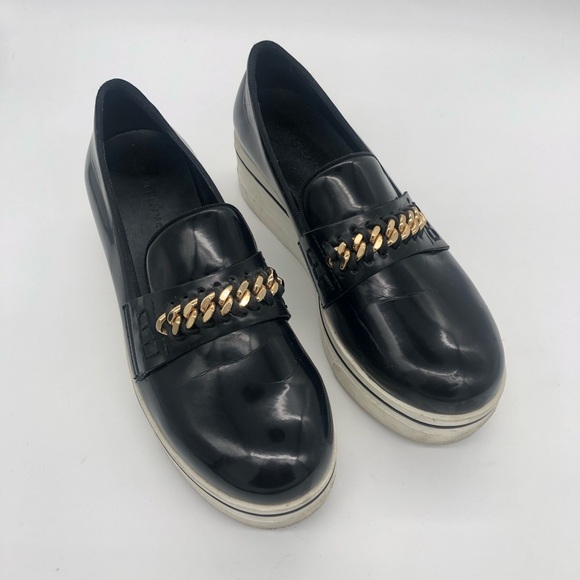 Authentic Stella McCartney Black Gloss Platform Loafers Gold Chain Accent ⛓️🖤💛 - Picture 2 of 16